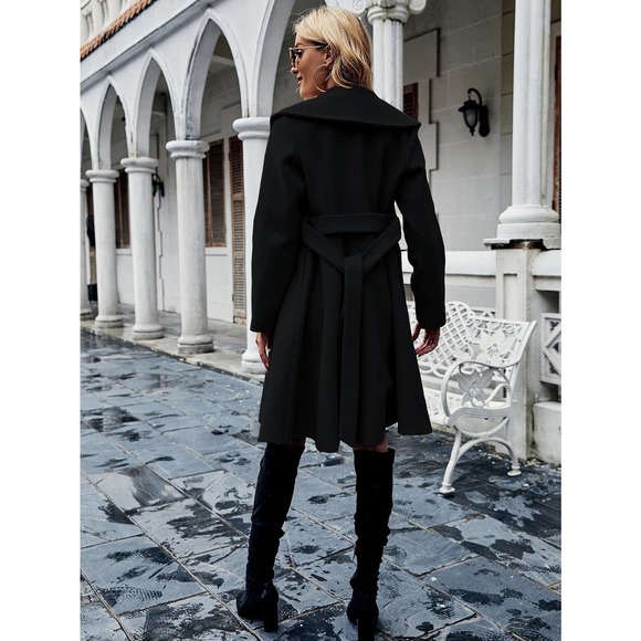 fold over Shawl Collar Double Button Belted Overcoat pea coat camel tan brown - Picture 8 of 10